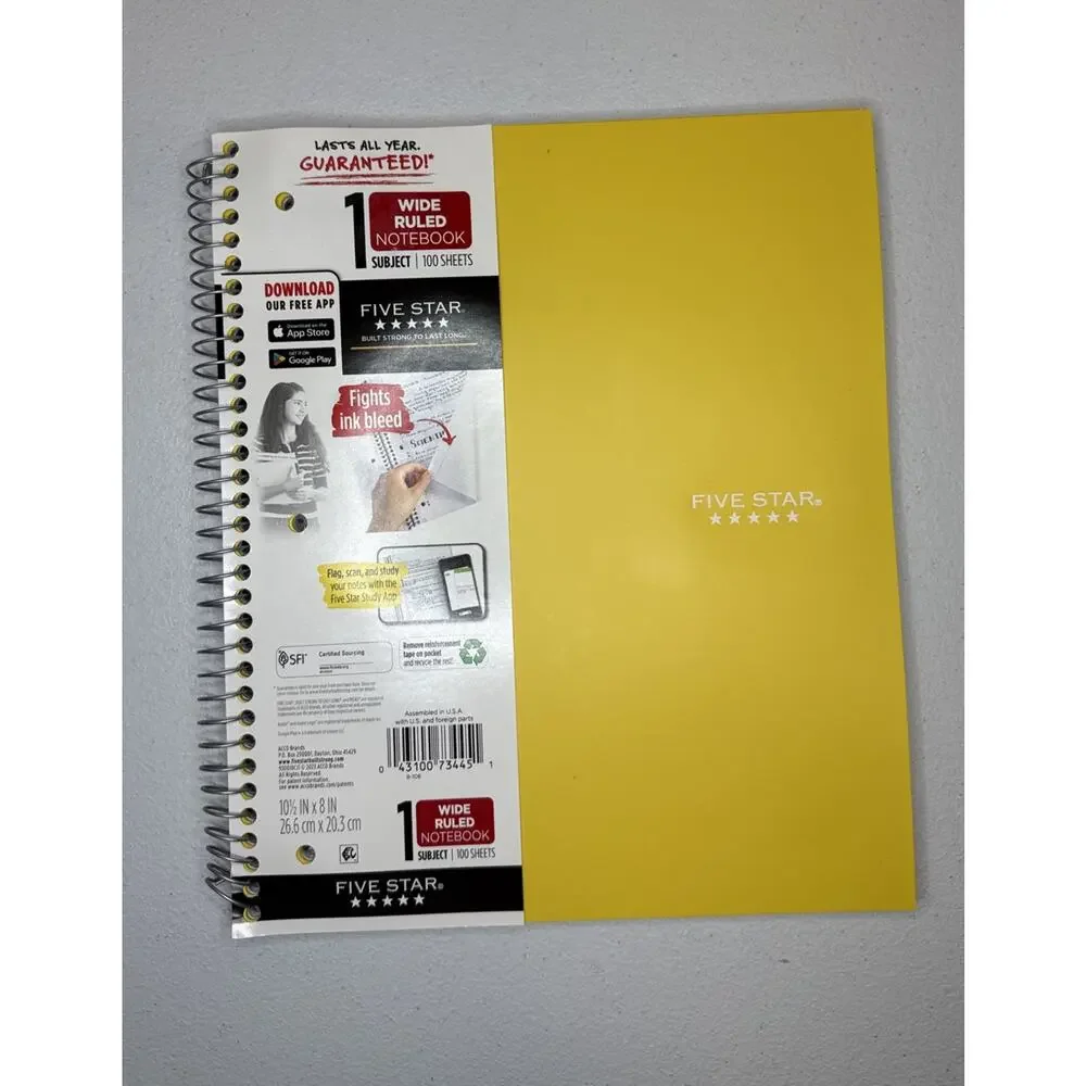 Five Star 1 Subject Notebook Wide Ruled 100 Sheets Yellow Spiral 10.5x8